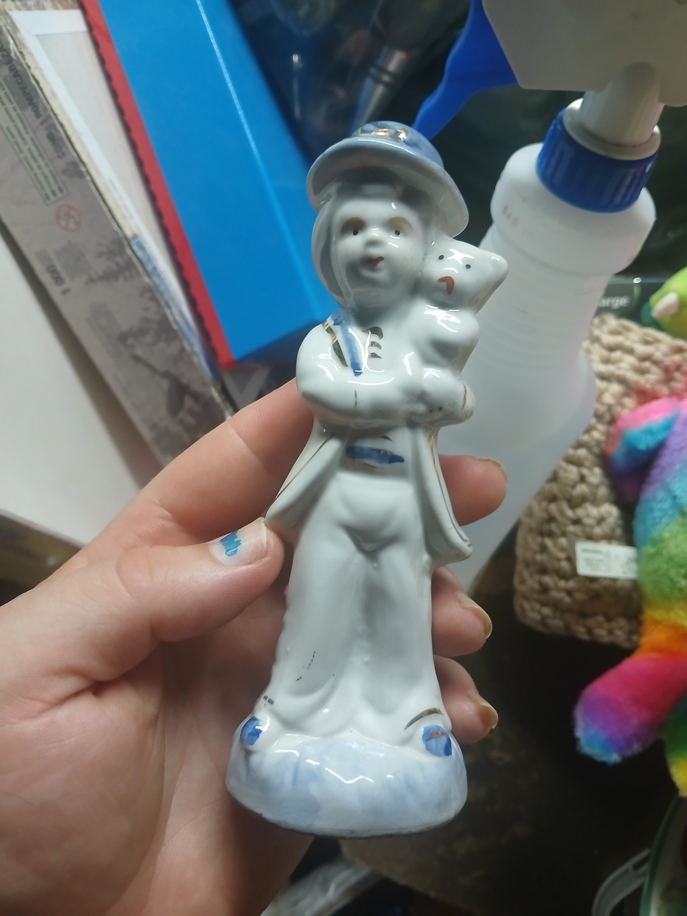 VTG Porcelain Blue & White Figurine~Boy W/Puppy Dog~CUTE!!